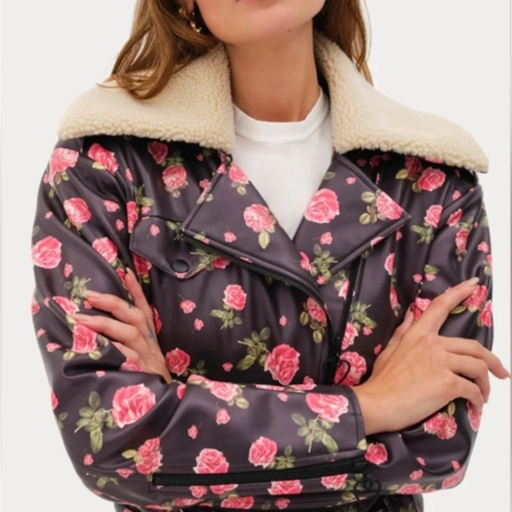 For Love And Lemons Gray and Pink Bomber Jacket with Floral Pattern NWT